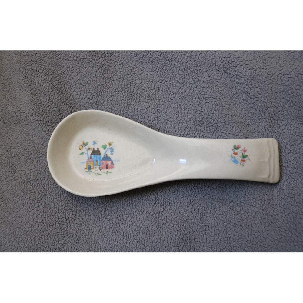 Vintage Small Spoon Ceramic Holder Kitchen Spoon Rest Cream Folk Art Village
